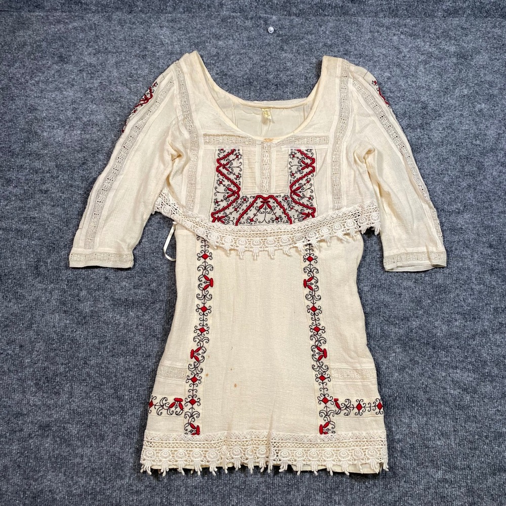 Free People Cream Embroidered Lace Trim Gauze Tunic Top Medium